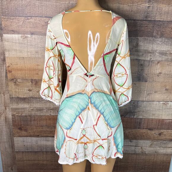 Farm Rio Butterfly Mini Dress Cropped Bell Sleeve Deep V-Neck Size P Small - Picture 9 of 12